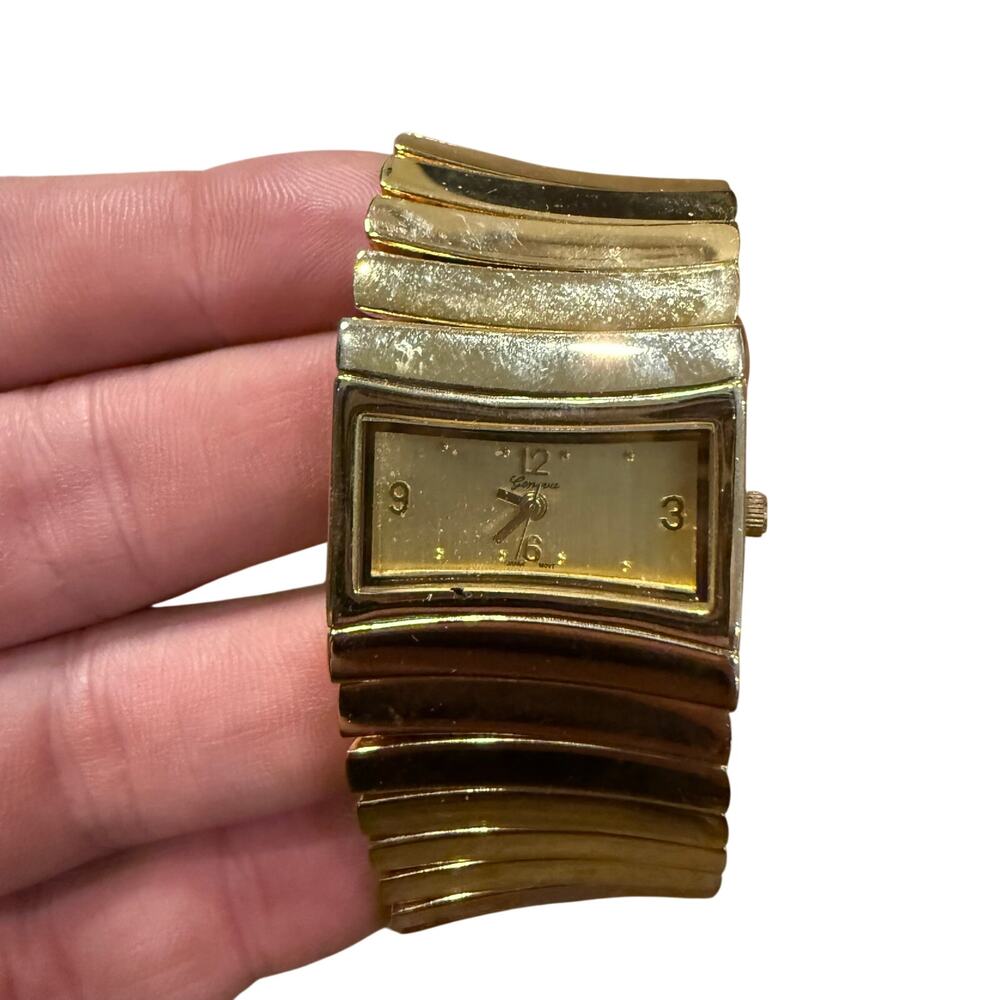 Vintage Gold Tone Women’s Chunky Stretch Wrist Watch Rectangle Face Untested
